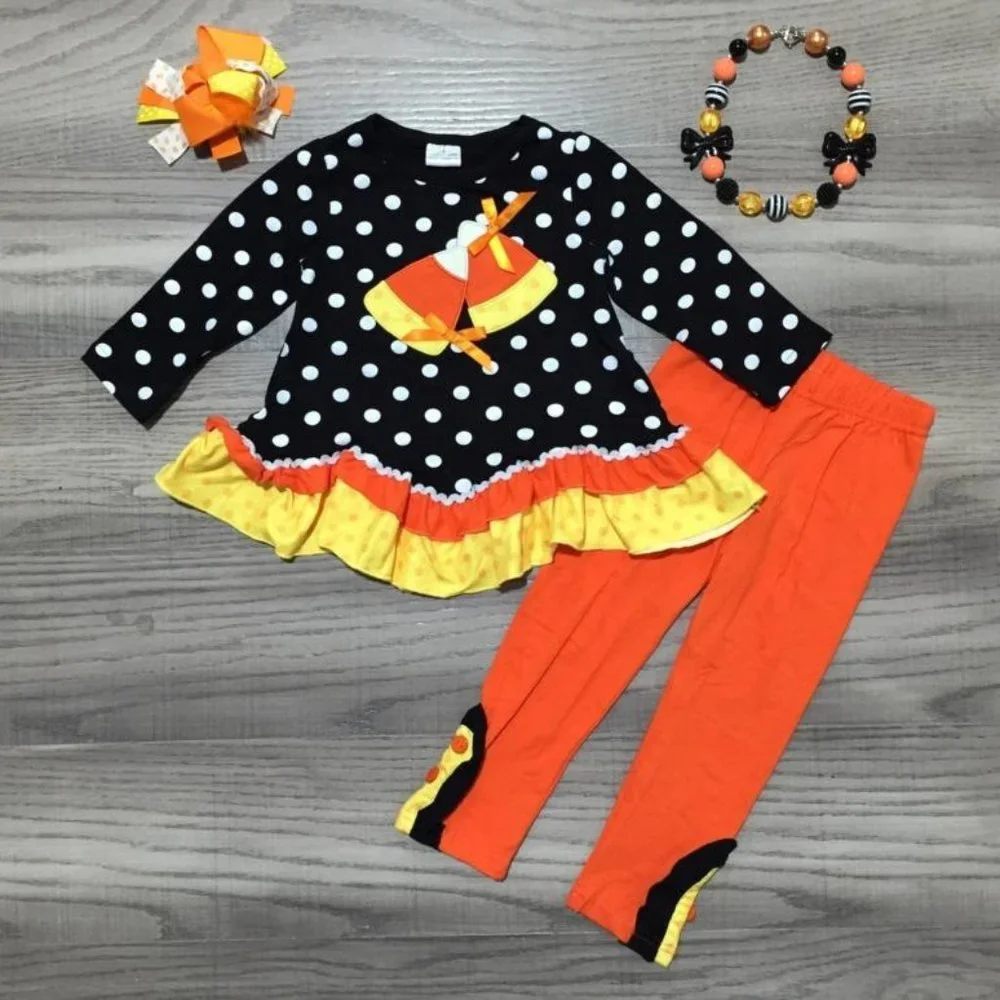 Boutique Candy Corn Ruffle Shirt Leggings Girls Halloween Outfit Set